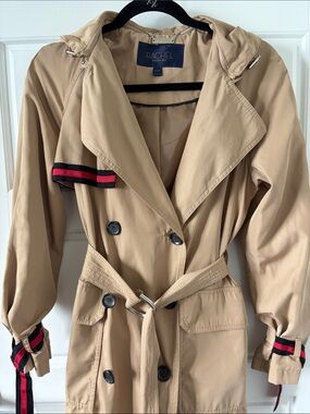 RACHEL Rachel Roy Tan Trench Coat with Red & Black Stripe Trim